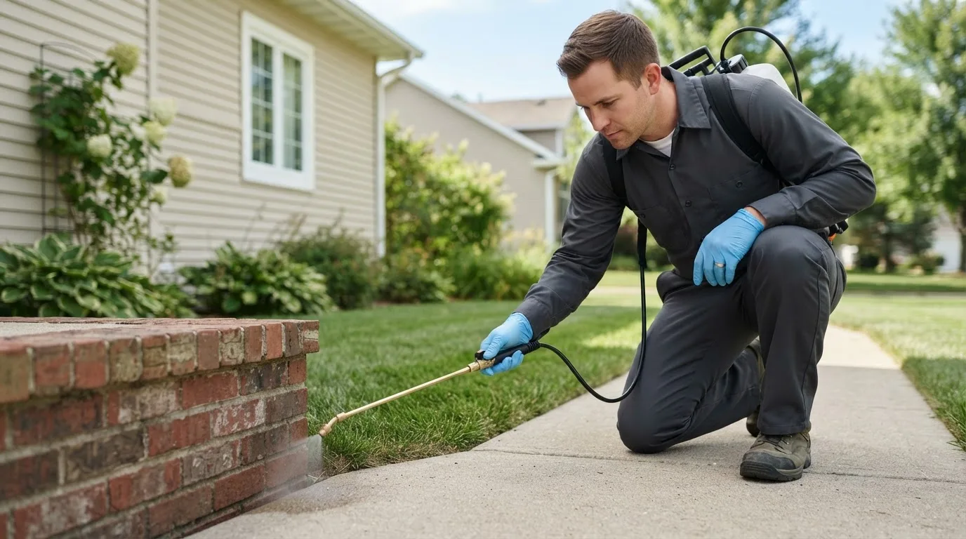Pest control technician treating a home near Burkett, TX